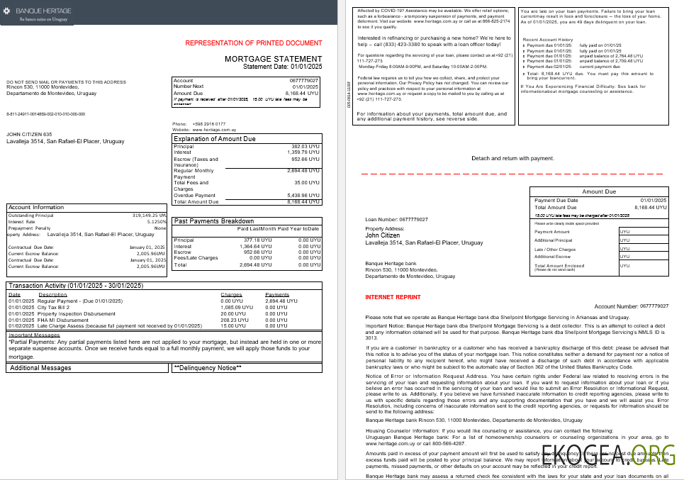 Relevé hypothécaire d'Uruguay Banque Heritage aux formats Word et PDF, 3 pages 1 , 2